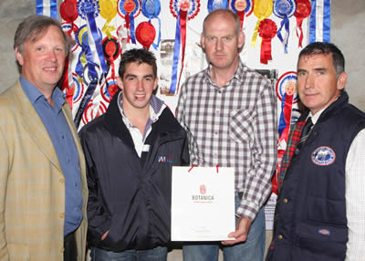 Basil Doherty, winner of the best cow at the NI British Blue Herds competition, with Judge Graham Brindley, sponsor Michael Lynch, Botanica and Harold McKee sec of the NI club at the awards presentation evening held at James Martin's farm Newtownards. 